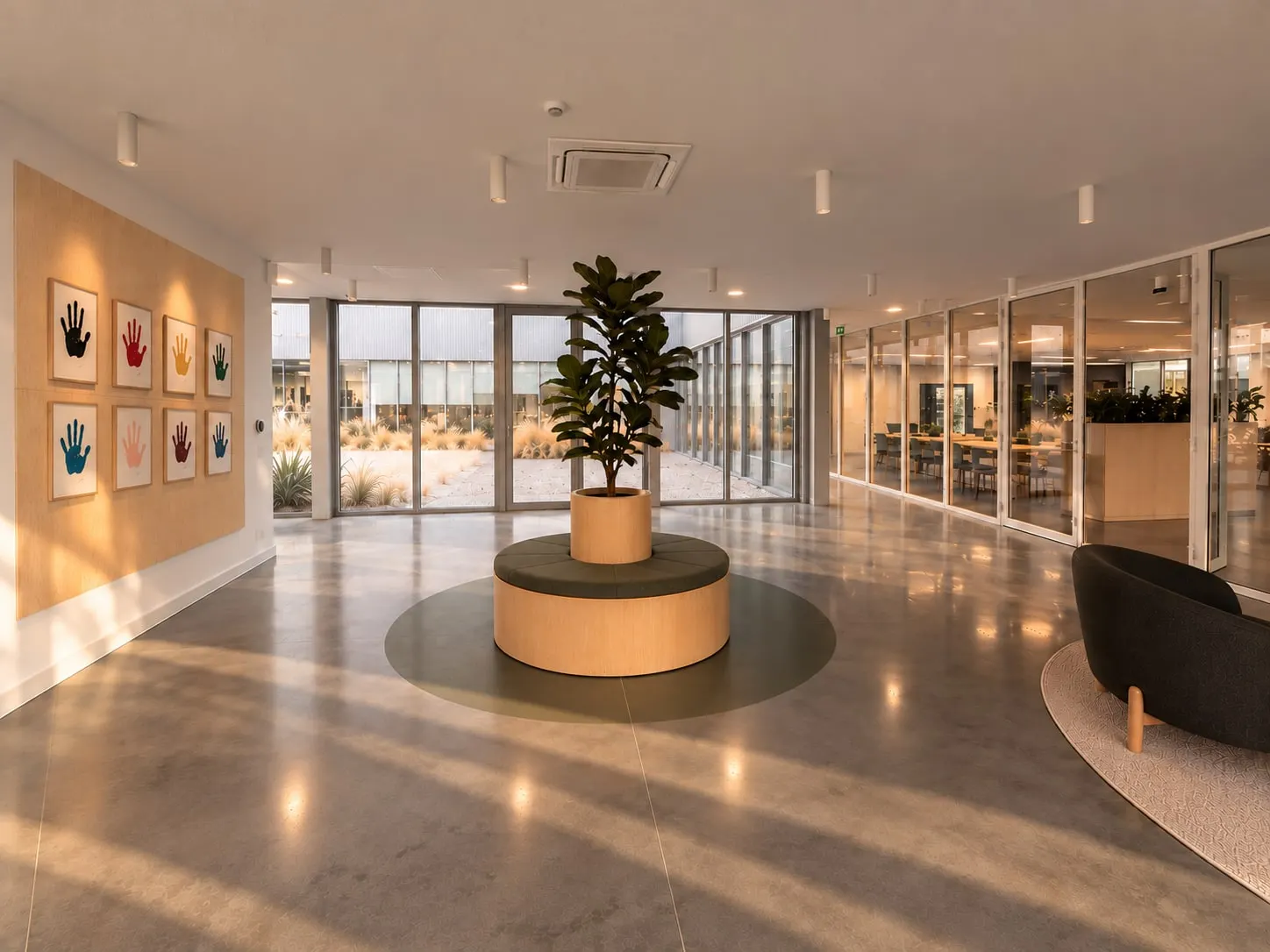 Hall d’accueil lumineux, jardinière circulaire autour d’un arbre et cadres aux murs