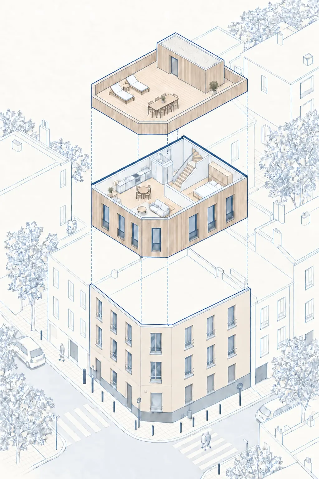 Dessin axonométrique éclaté montrant la surélévation et sa toiture-terrasse