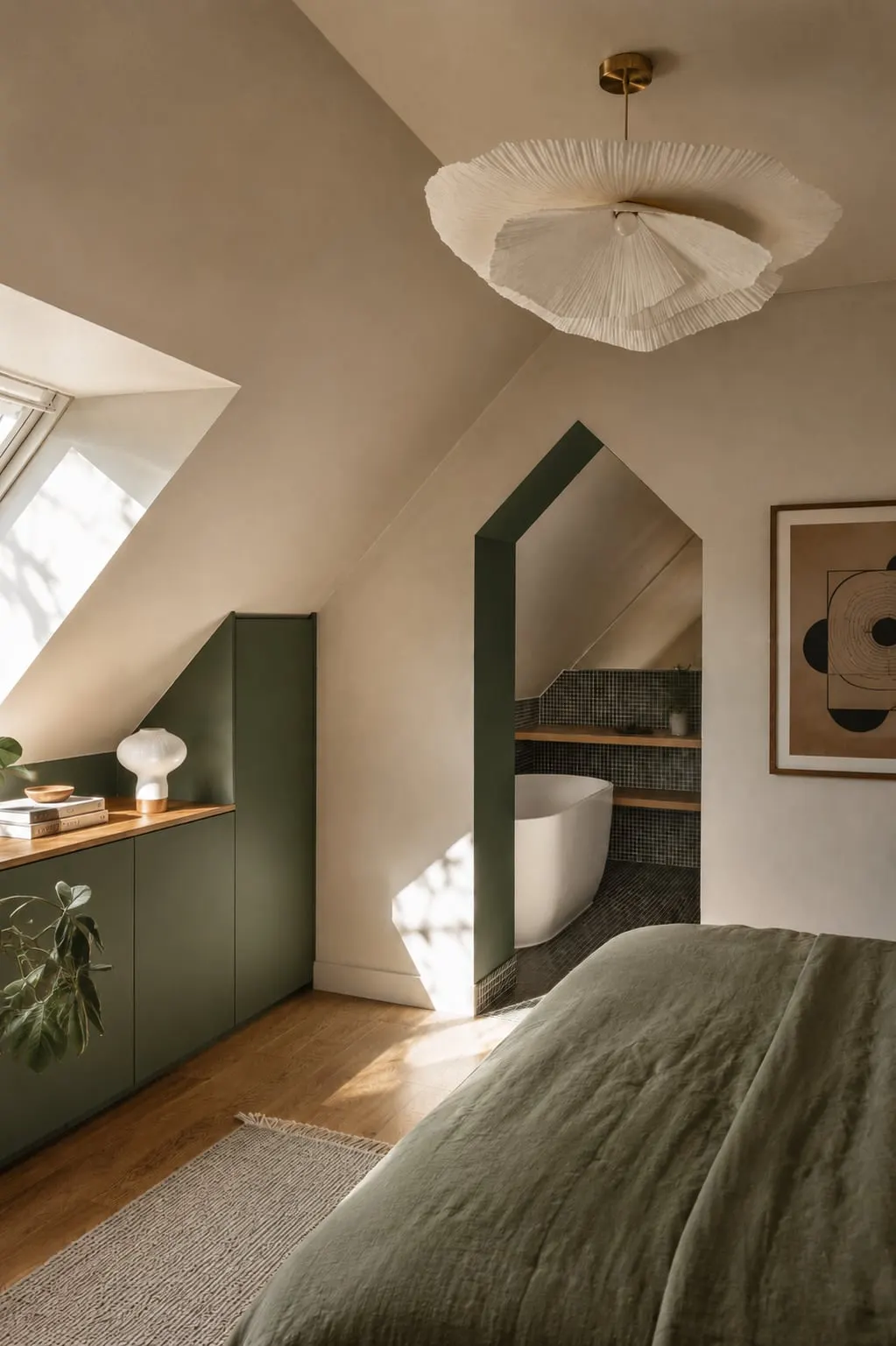 Chambre verte sous les combles avec baignoire dans une alcôve