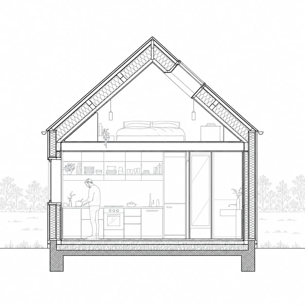 Coupe transversale de la maison montrant la mezzanine sous toiture