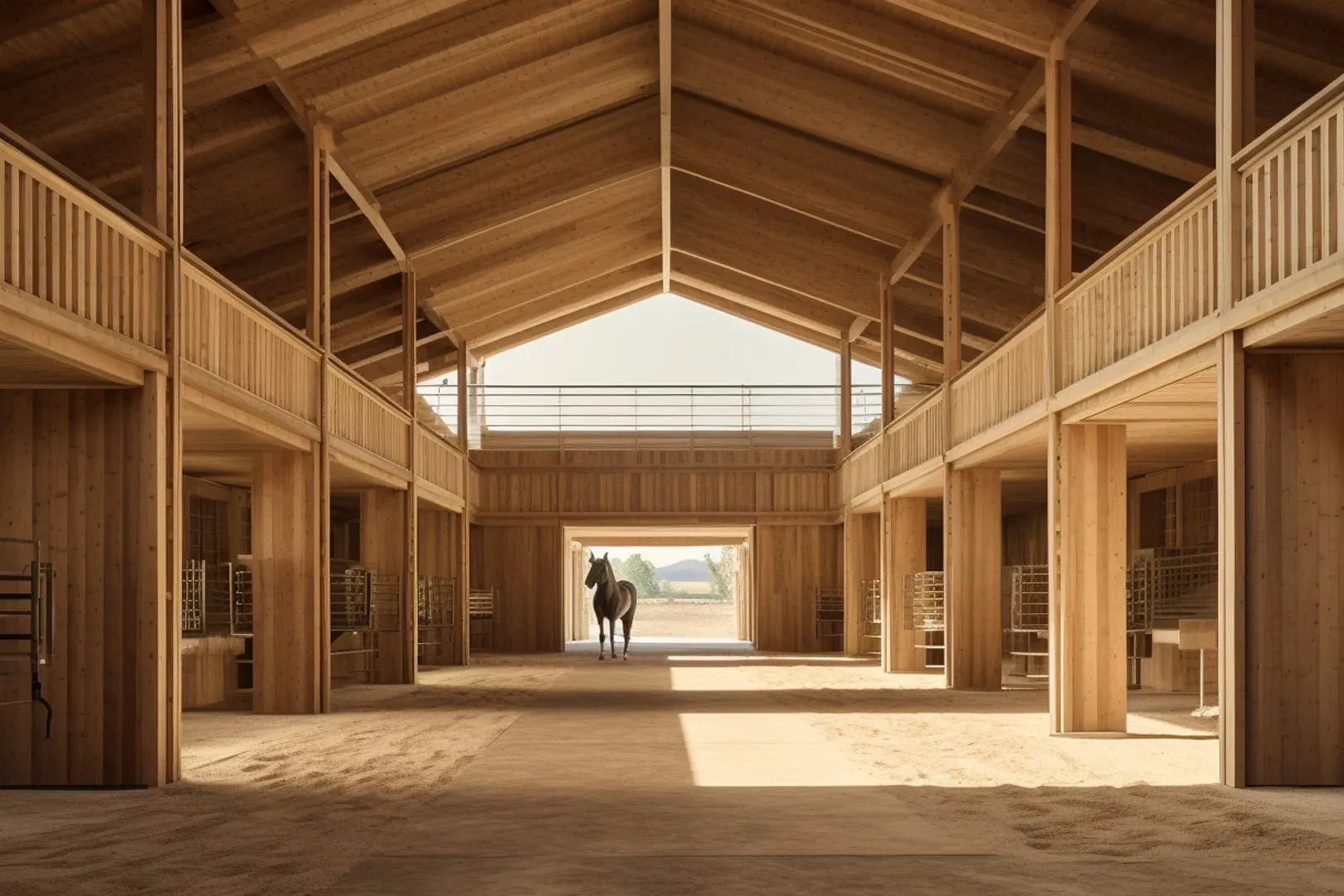 Intérieur d’écuries en charpente bois, un cheval au centre de l’allée