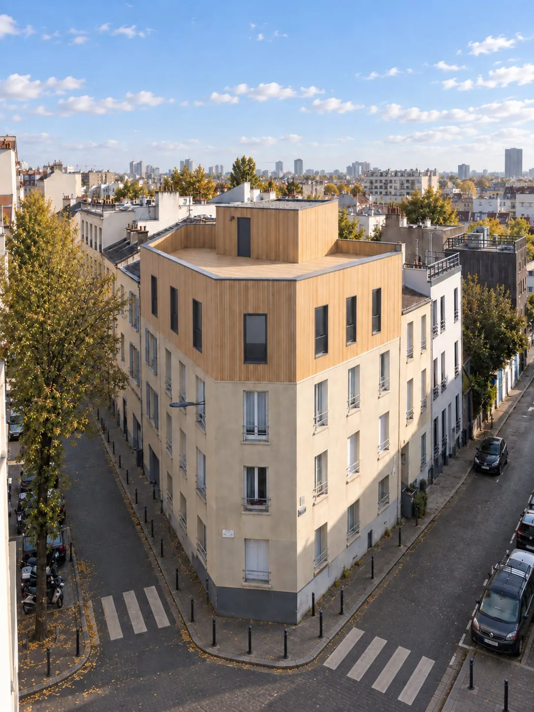 Vue aérienne de l’insertion du projet dans la rue