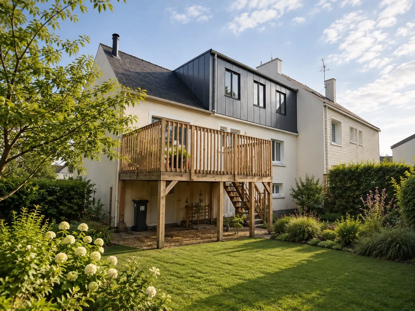 Rendu 3D de la maison surélevée côté jardin, avec terrasse en bois