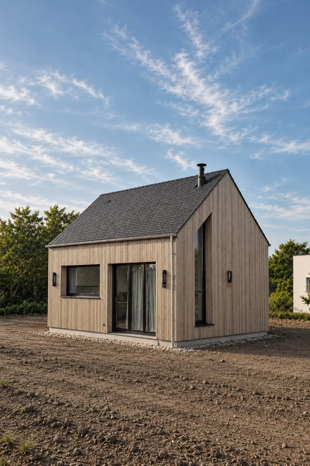 Maison à pignon en bardage bois vertical sur l’Île d’Arz, sous un ciel d’été
