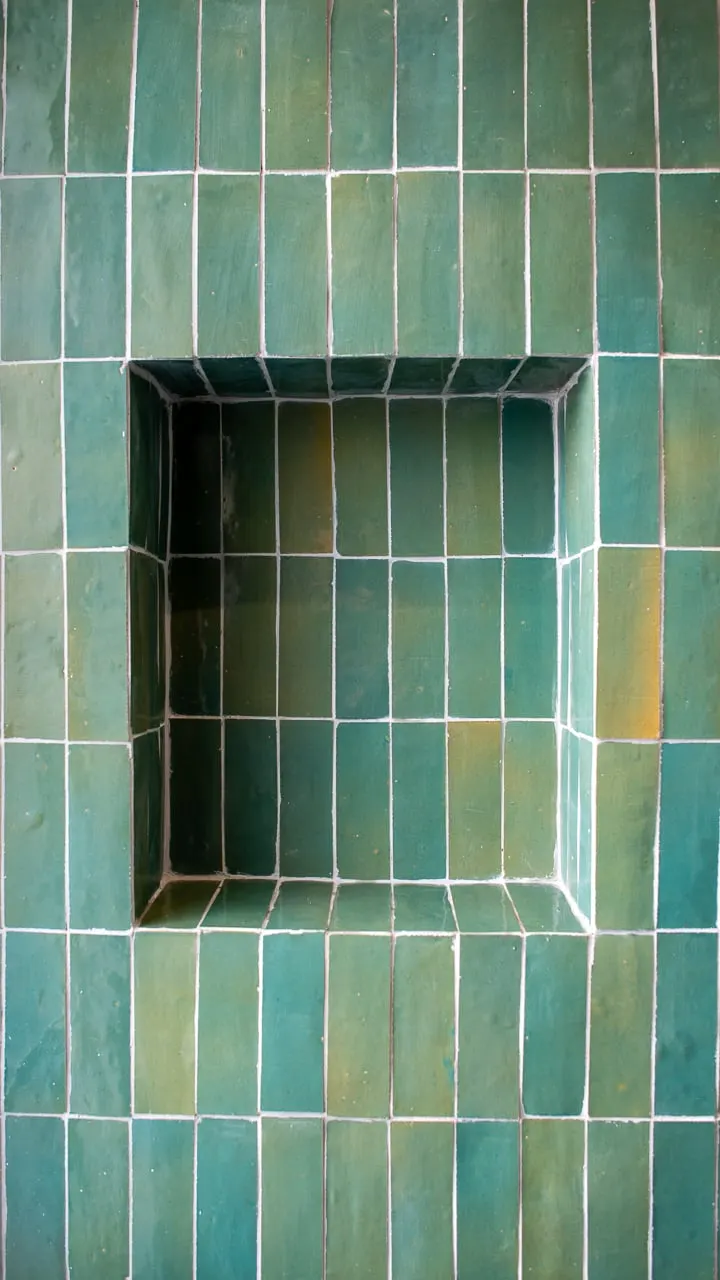Niche carrelée de zellige vert dans la douche