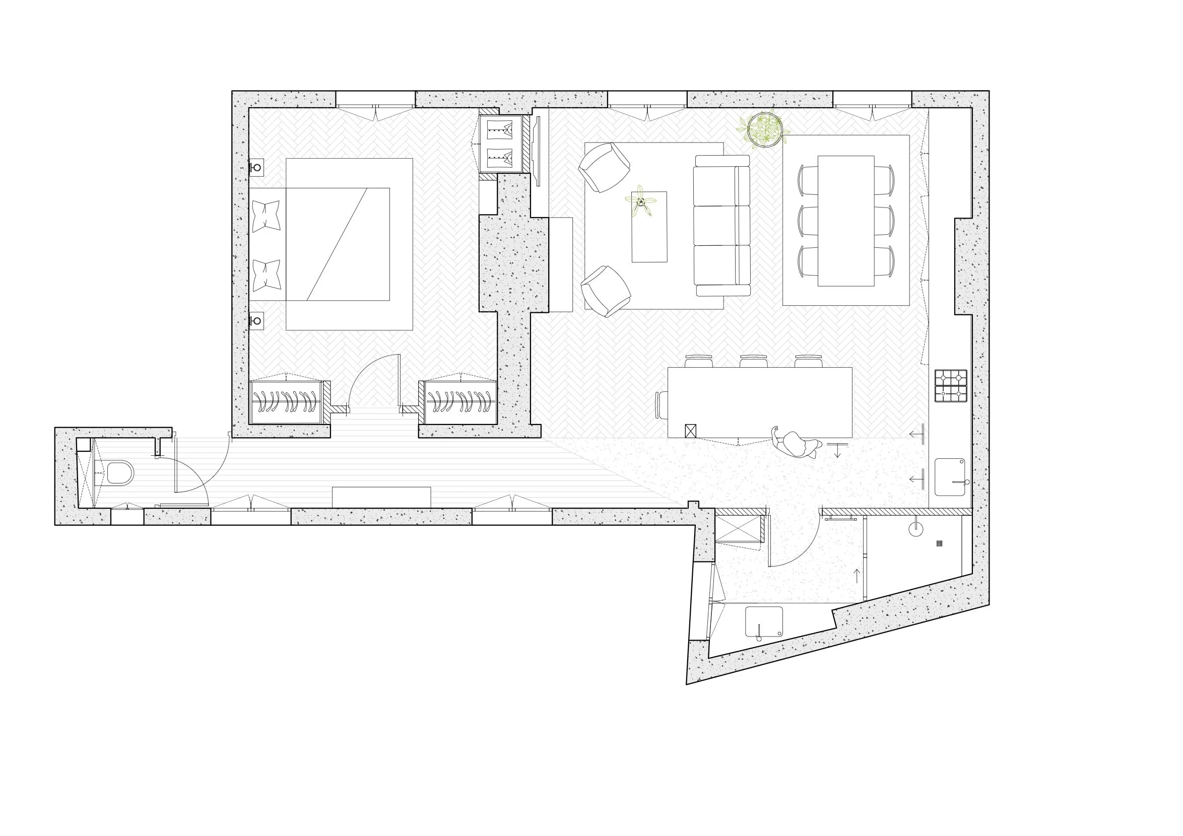 Plan de l’appartement avec la chambre, le grand séjour et la salle d’eau