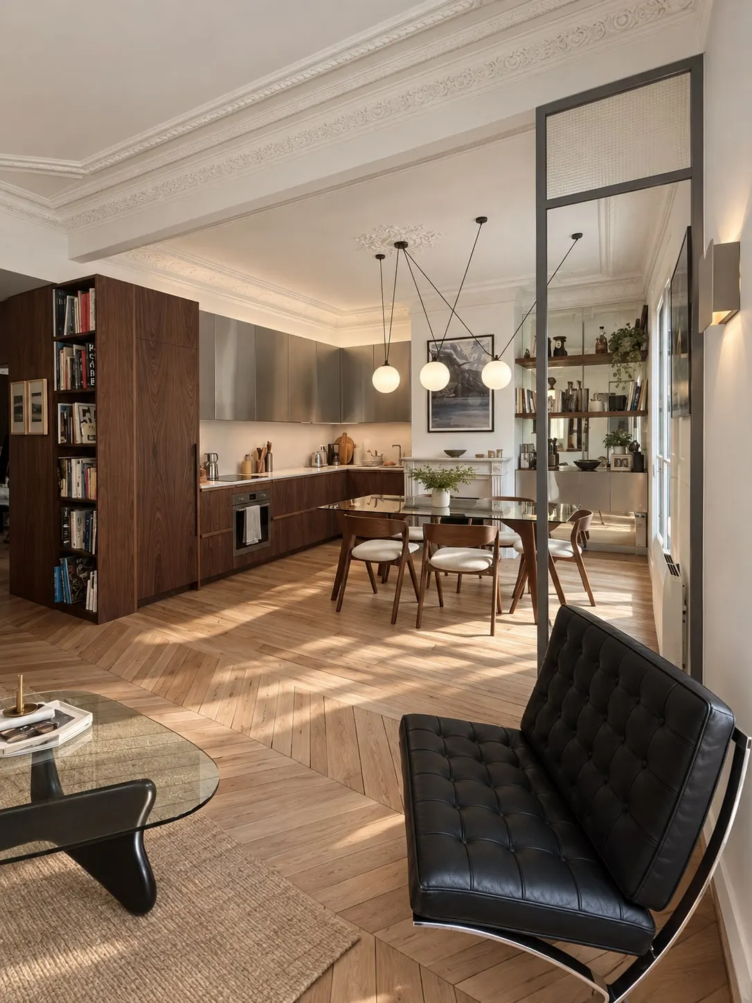 Séjour ouvert avec cuisine en bois sombre, verrière et parquet en point de Hongrie