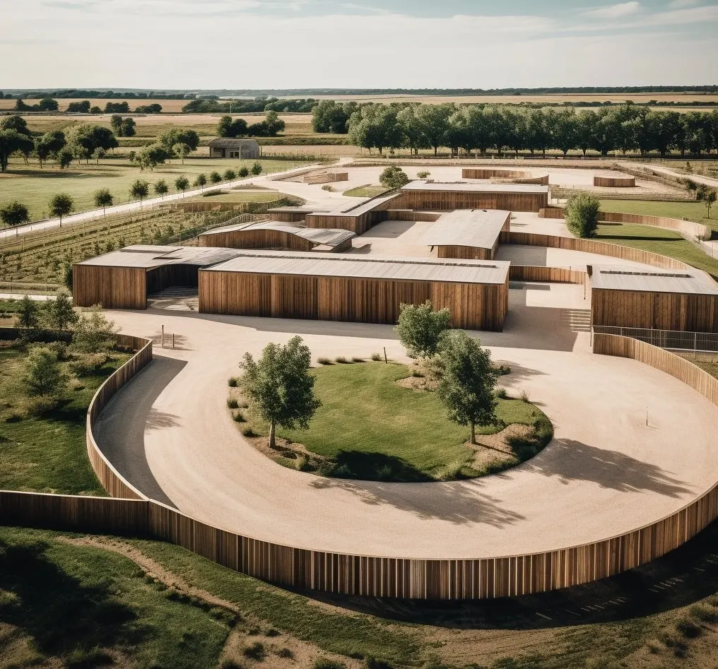 Vue aérienne d’un ensemble de bâtiments en bois organisés autour d’une piste circulaire