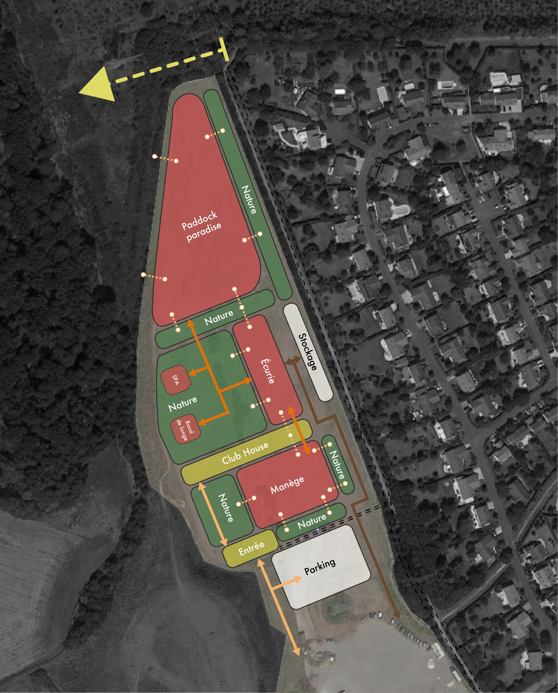 Plan de zonage du centre équestre, avec manège, écuries, club house, paddock paradise et espaces de nature